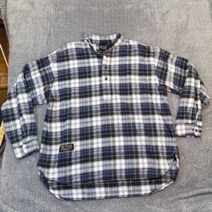 Vermont Flannel Co Blue Green Plaid Henley Shirt Mens XL Band Collar Pullover